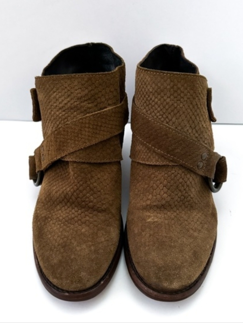 Free People Tan/ Chestnut Belted Suede Leather Ankle Boots Booties Size 39/8.5